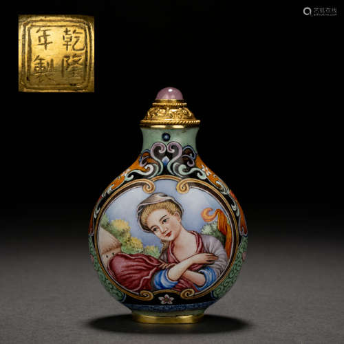 Qing Dynasty Gold Body Painted Enamel Western Figure Snuff B...