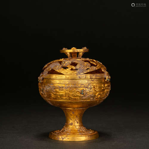 Tang Dynasty Pure Gold Inlaid Pine Stone Chilong Pattern Inc...