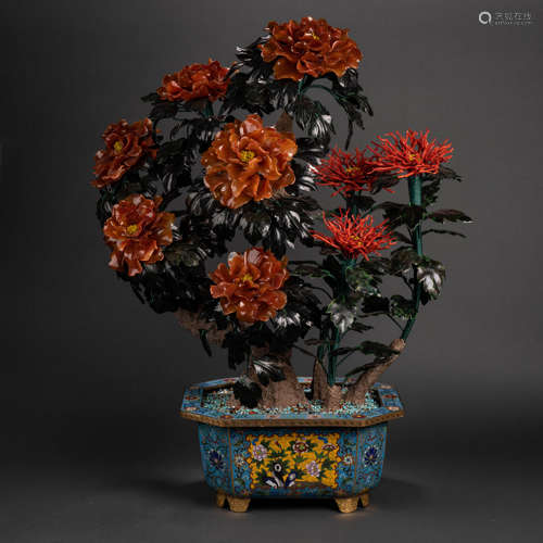 Qing Dynasty Cloisonne Red Peony Flower Bonsai