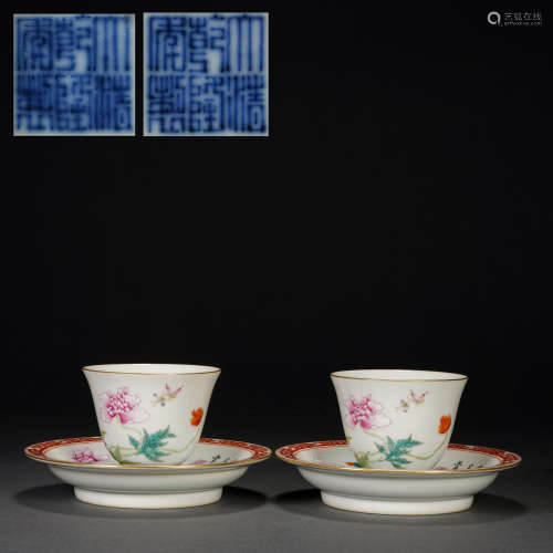 A Pair of Famille Rose Cups and Cups, Qing Dynasty