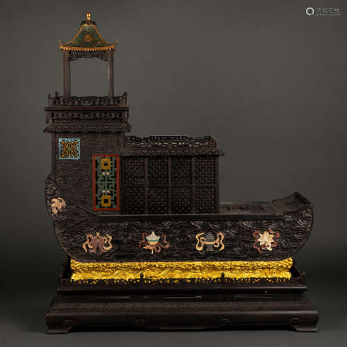 Qing Dynasty Red Sandalwood Inlaid Boat with Many Treasures ...