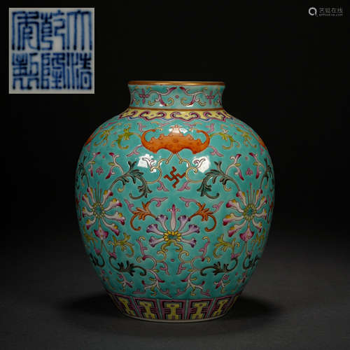 Qing Dynasty Enamel Colored Flower Fu Pattern Wanzi Jar