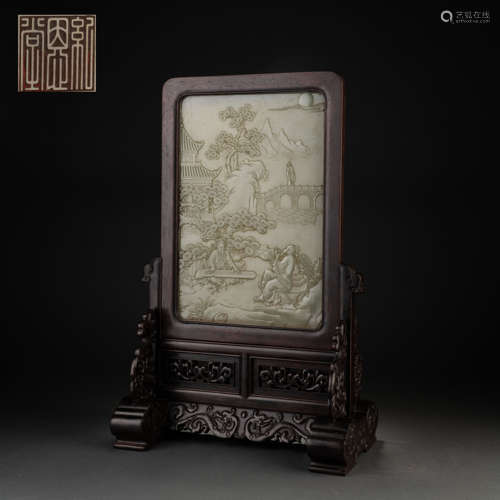 Qing Dynasty Zitan Inlaid Hetian Jade Landscape Characters P...