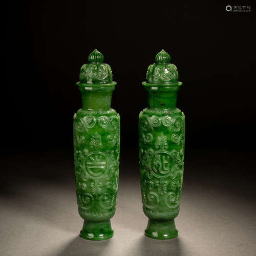 A Pair of Jasper Auspicious Ruyi Appreciation Vases, Qing Dy...