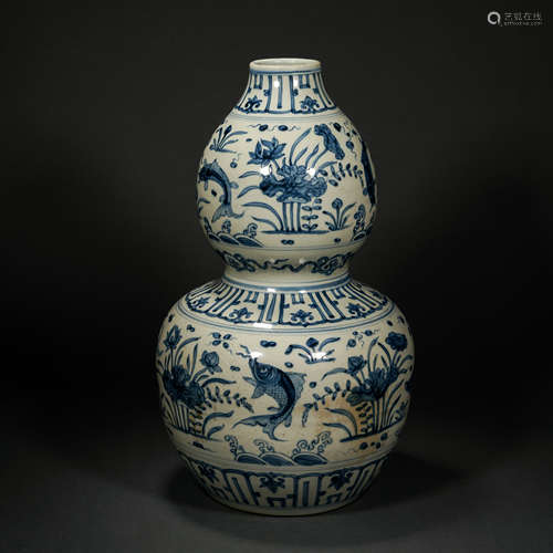 Yuan blue and white fish and algae pattern gourd bottle