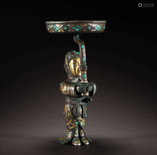 A Gilt Bronze Candlestick Inlaid with Turquoise Figures, Han...