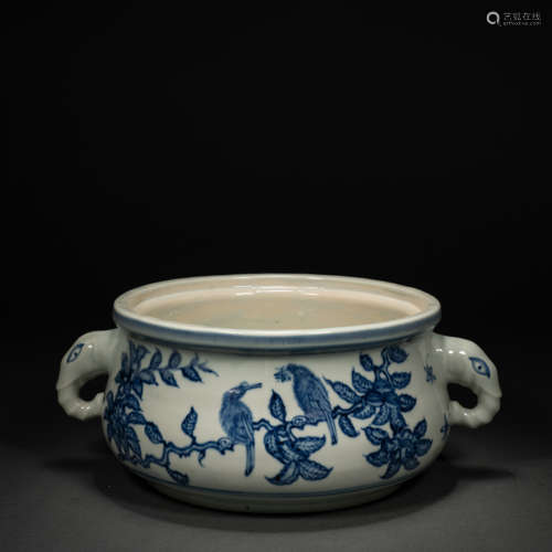 Ming Dynasty Blue and White Flower and Bird Elephant Ear Sto...