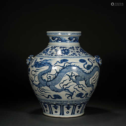 Yuan blue and white dragon pattern amphora