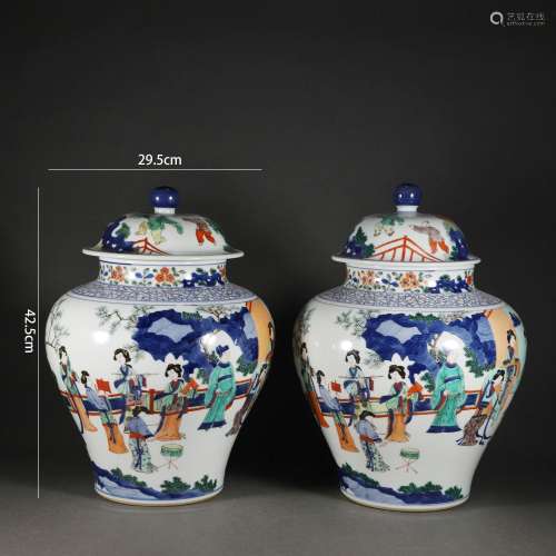 Pair of Blue and White and Wucai Glaze Ginger Jars