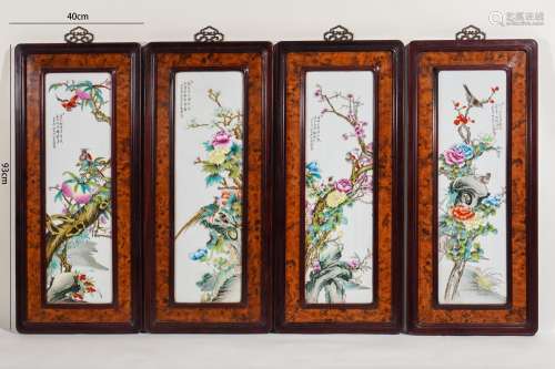 Set of Four Famille Rose Flower and Bird Screens