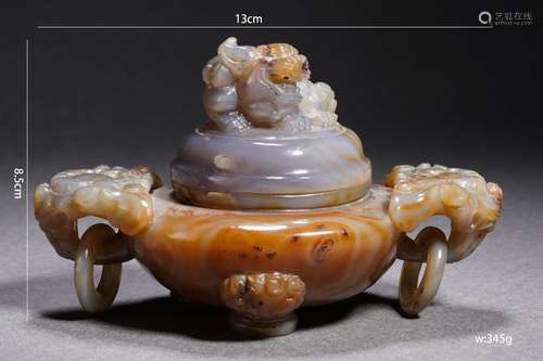 Carve Agate Double-Eared Censer with Cover