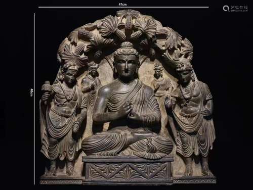 Gandhara Greyish Stone Statue of Buddha Preaching