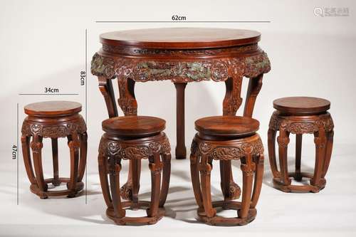 Set of Jade Inlaid Huanghuali Round Table and Stools