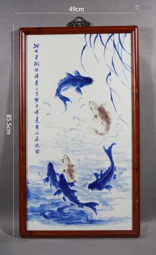 Copper-Red Glaze and Underglaze Blue Carps Hanging Plaque