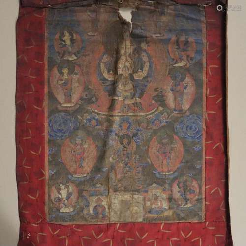 Thangka mit zentraler Figur des Shadakshari-Lokeshvara - Tib...