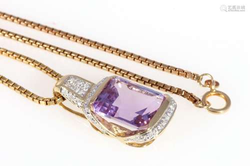 585 gold amethyst pendant with diamonds and 585 gold chain, ...