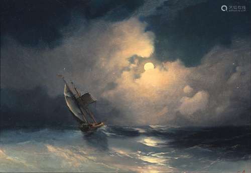 Russian painter 19th century, sailing ship in the moonlight,...