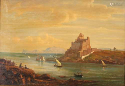 Sebastiano Novelli (1853-1916) italian port with castle view...