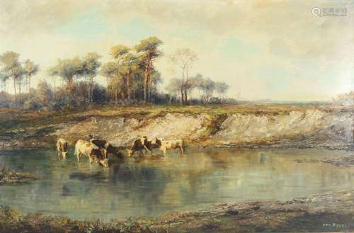 Otto Pippel (1878-1960) autumn sun - cows at river, large si...