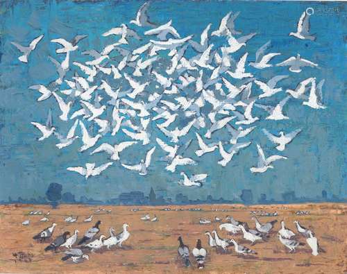 Hermann Teuber(1894-1985) flock of pigeons 1967, Taubenschwa...