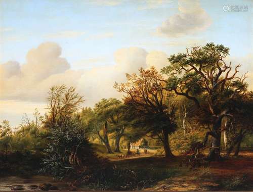 Henry John Stock (1853-1930) landscape with small flock, Lan...