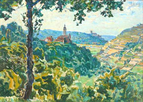 Hans Busse (1867-1914) landscape with view of a church spire...