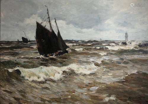 Wilhelm Hambüchen (1869-1939) huge seascape with sailing boa...