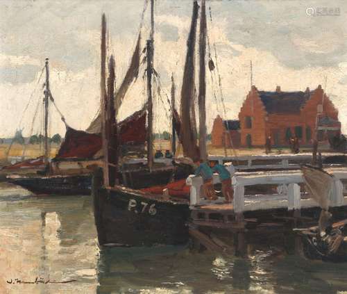 Wilhelm Hambüchen (1869-1939) Sailing boats at the harbor, S...