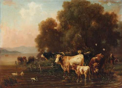 Louis Reinhardt (1849-1870) drinking herd of cows on river b...