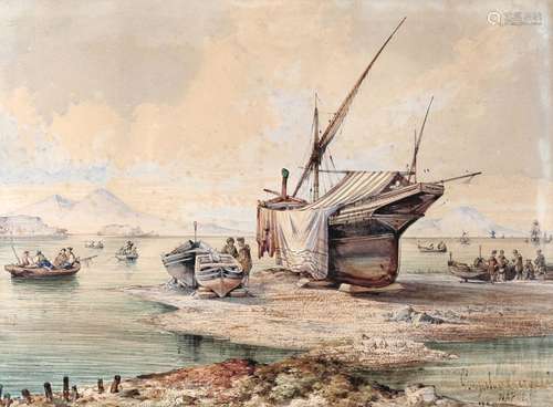 Consalvo Carelli (1818-1900) Gulf of Naples with boats and v...