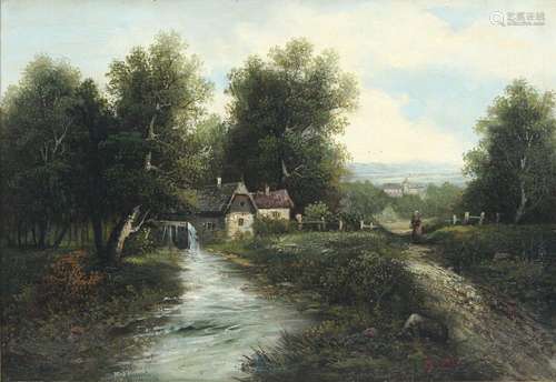 Ch. Tenot french artist 19th century stream with water mill,...