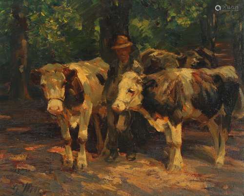 Georg Wolf (1882-1962) farmer with cows, Bauer mit Kühen,