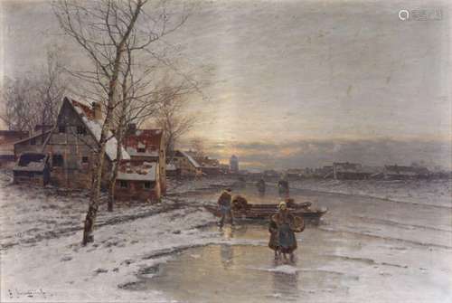 Johann Jungblut (1860-1912) snowy village with frozen river,...