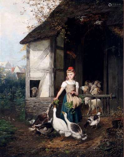 Fritz Beinke (1842-1907) girl at the stable with geese and s...