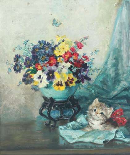 Meta Plückebaum (1876-1945) floral still life with kitten, B...