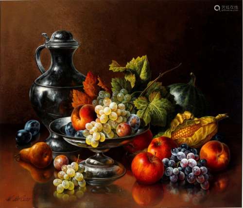 Werner de Caro (*1945) fruit still life with pewter jug, Frü...