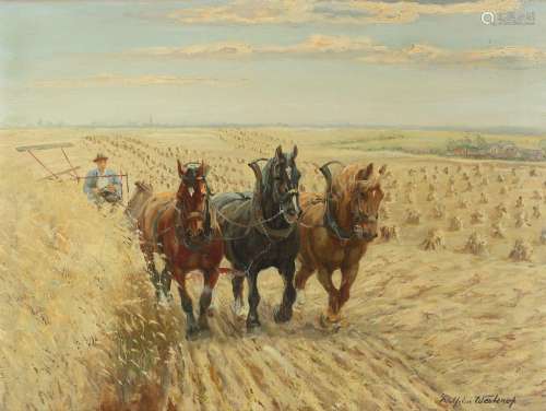 Wilhelm Westerop (1876-1954) horses and cart in field landsc...