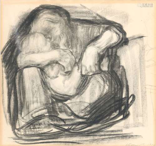 Käthe Kollwitz (1867-1945) crouching woman with child in her...