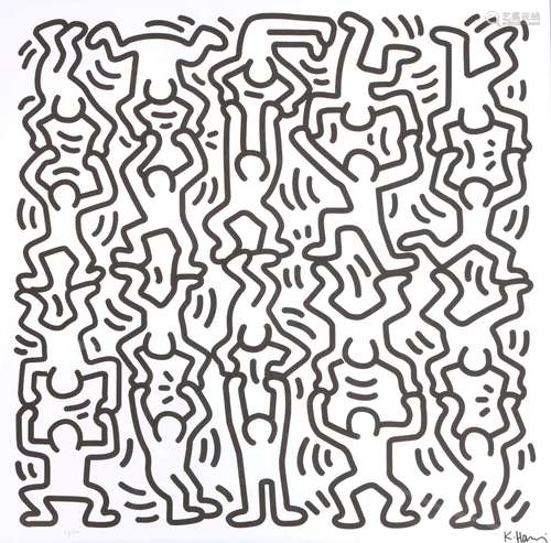 Keith Haring (1958-1990) figures in handstand black and whit...