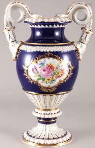 Meissen Flower Bouquet large snake handle vase royal blue 1s...