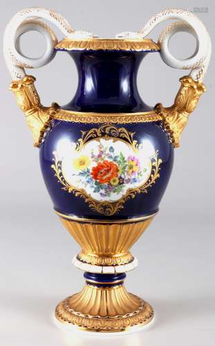 Meissen Flower Bouquet snake handle vase royal blue 1st choi...