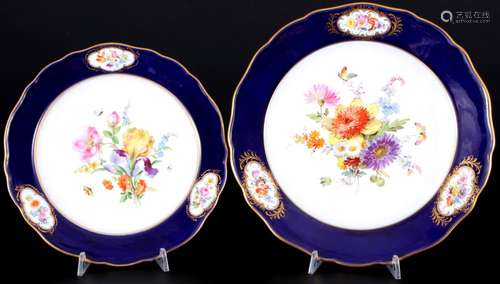 Meissen Flower Bouquet 2 splendor plates with royal blue rim...