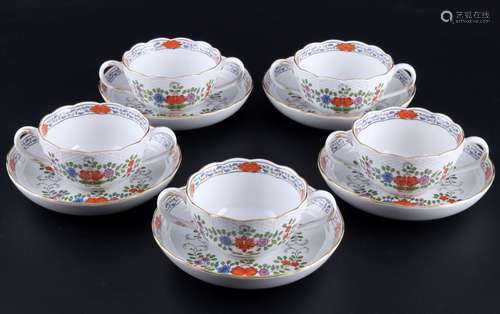 Meissen Old Osier Indian Pattern Colored 5 soup cups with sa...