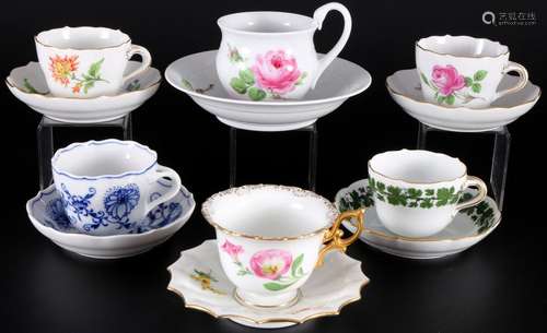 Meissen 6 mocha cups with saucers, various décors, Mokkatass...