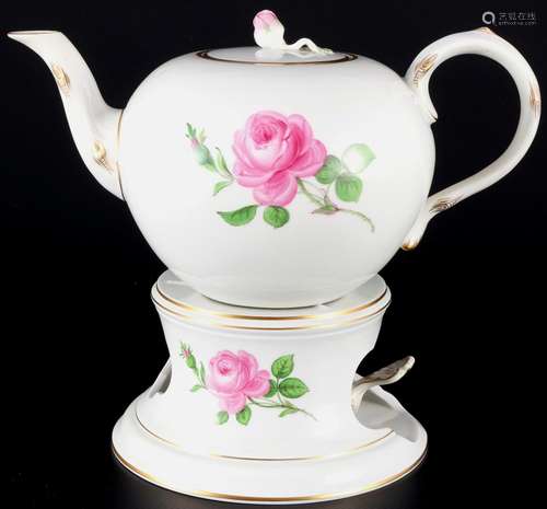 Meissen Rote Rose Teekanne mit Stövchen, tea pot with pot wa...