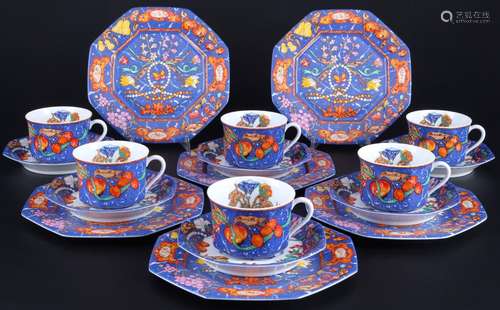 Hermes Paris Marqueterie 6 coffee cups with dessert plates, ...