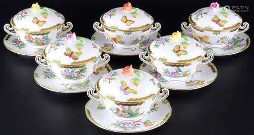 Herend Queen Victoria 6 lidded soup cups, Suppentassen mit D...