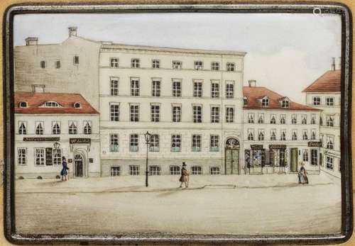 Biedermeier-Porzellanbild mit Berliner Straßenansicht