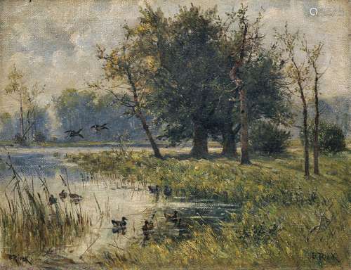 Emil Rieck, Waldweiher mit Wildenten. Early 20th cent.