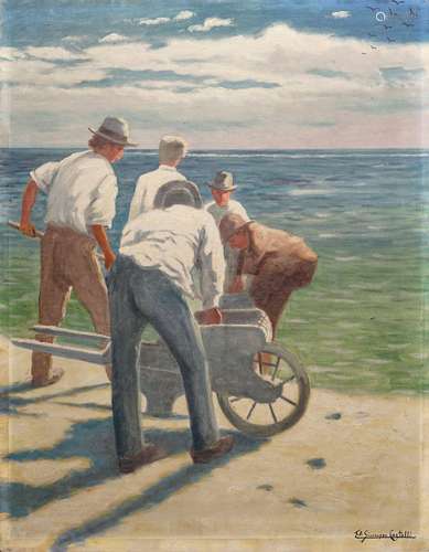 Ernst Oskar Simonson-Castelli, Männer mit Handkarren am Meer...